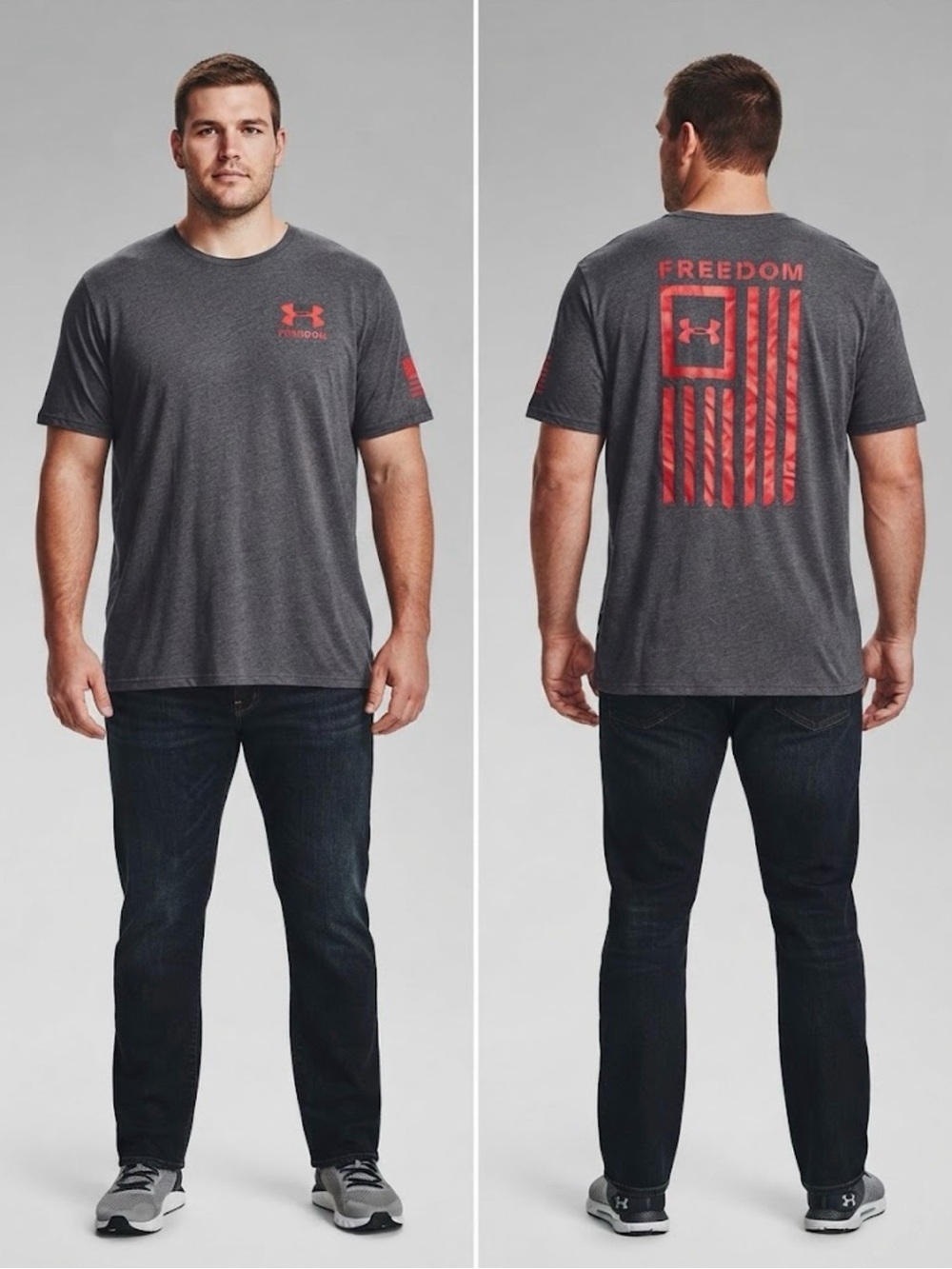 Under Armour Men's XL Gray/Red Flag Graphic Crew Neck Short Sleeve Tee Loose